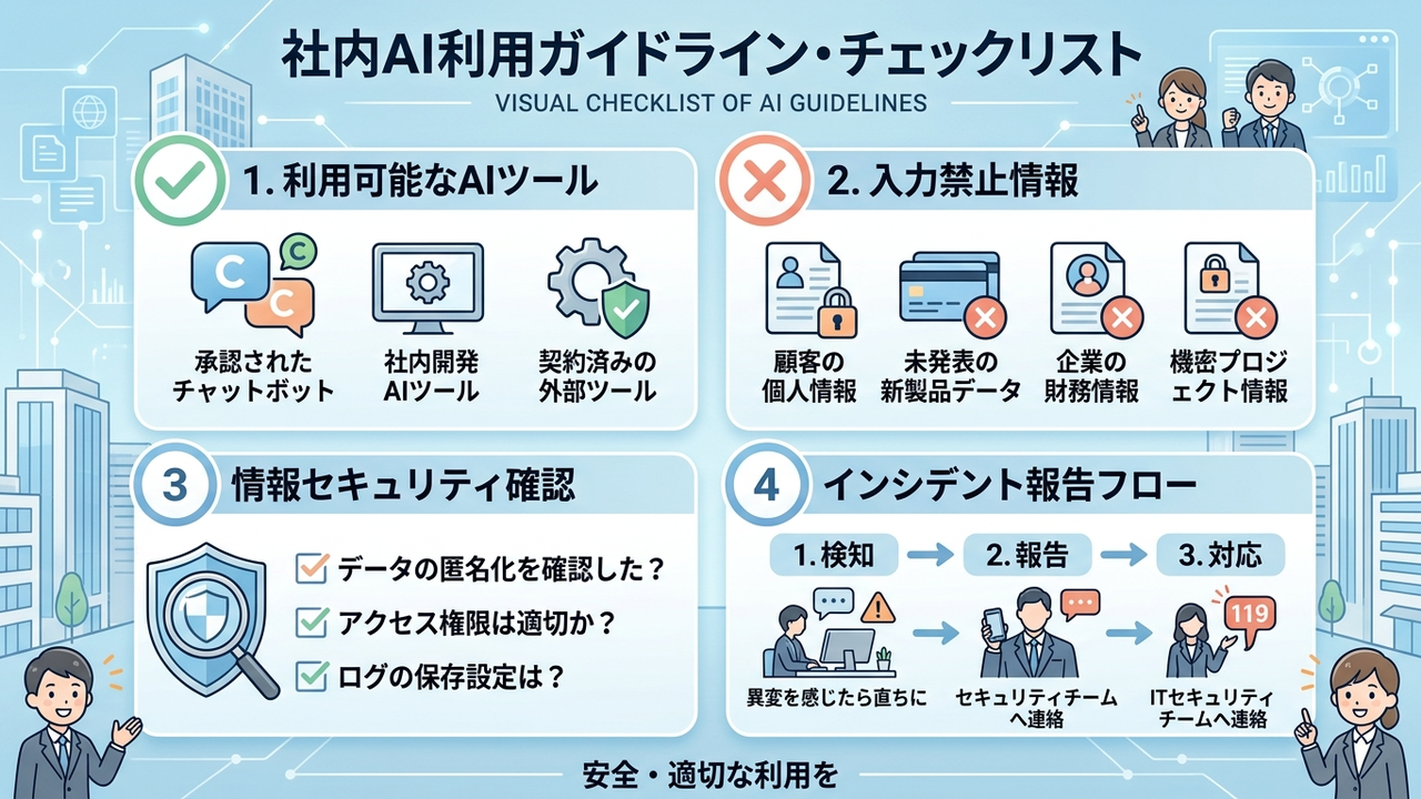 社内AI利用ガイドラインの4項目：ツール分類・入力禁止情報・生成物ルール・インシデント報告フローの概念図