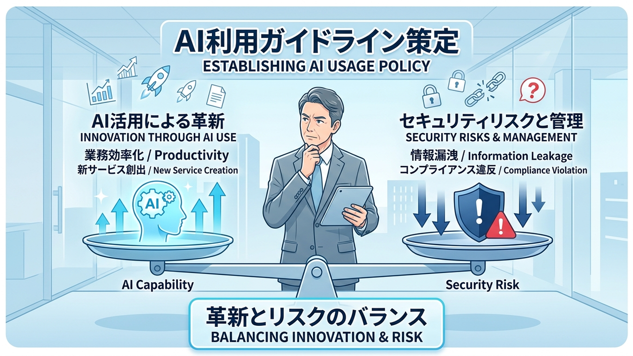社内AI利用ガイドライン策定のイメージ：情報セキュリティとAI活用のバランスを示す図