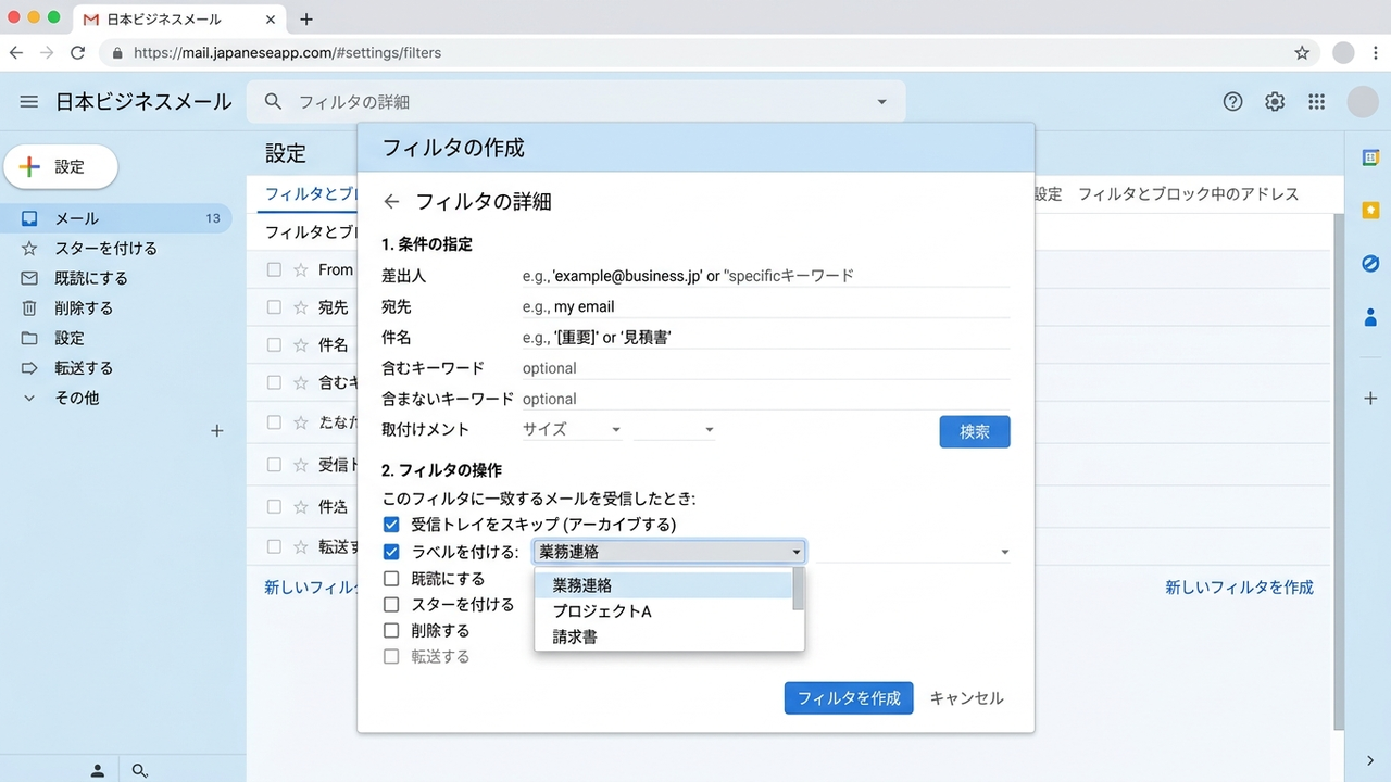 Gmailのフィルタ設定画面で、差出人、件名、キーワードなどの条件を設定し、受信トレイをスキップとラベルを付けるオプションが選択されている様子
