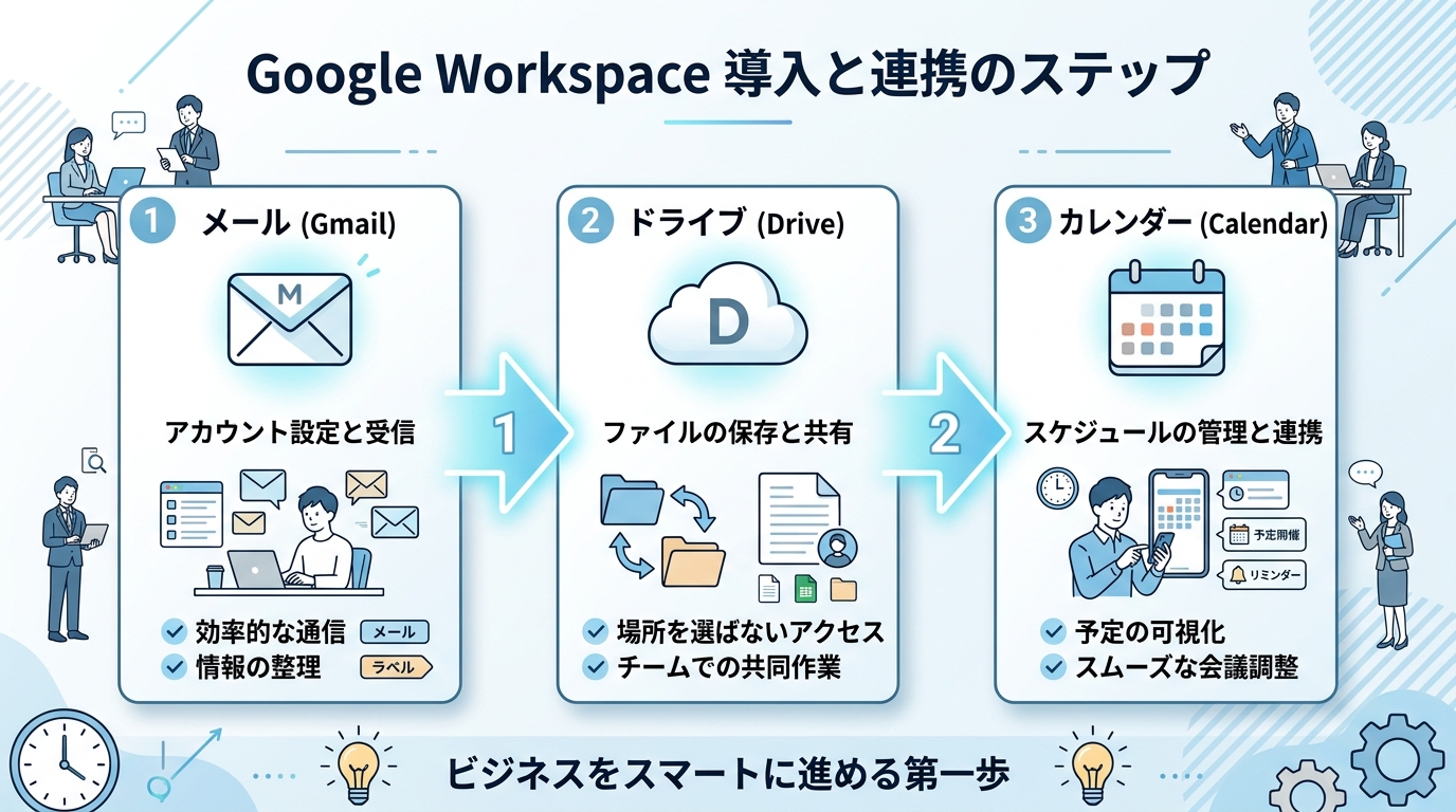 Google WorkspaceのGmail・Drive・Calendarのステップアップロードマップ図