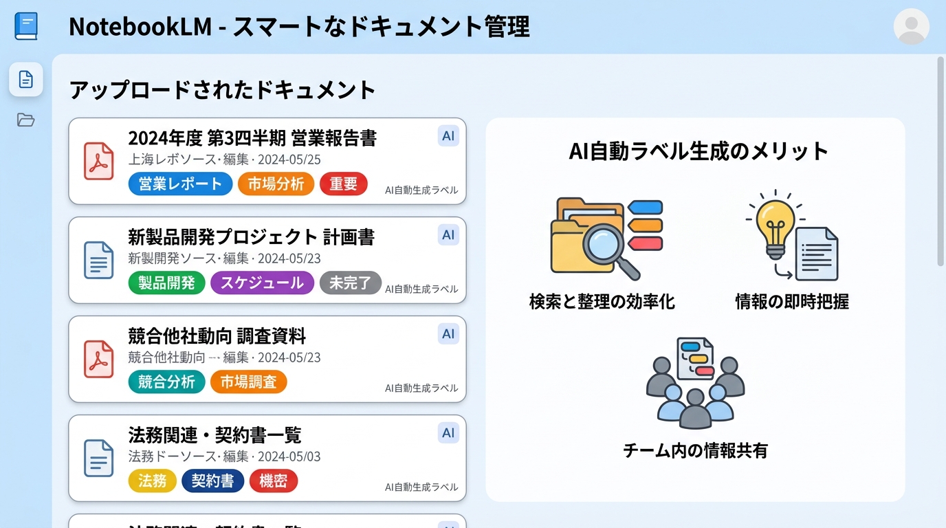 NotebookLMの画面で、自動生成されたラベルと資料が表示されている様子を示した図