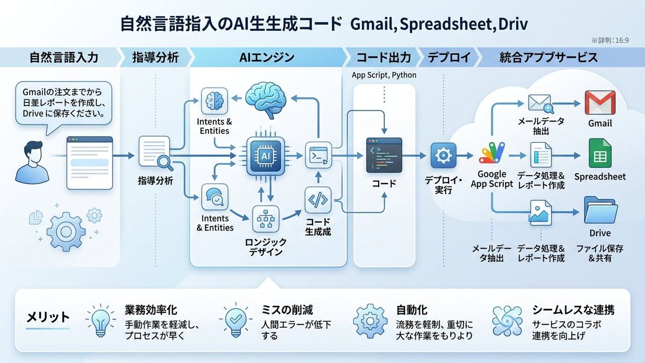 Claude CodeでGASを生成してGoogle Workspaceの自動化を実現するワークフローの図解