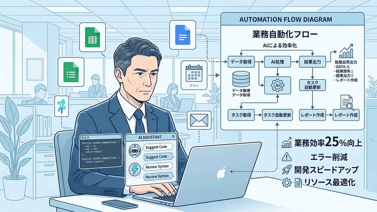 Claude CodeとGoogle Workspaceを組み合わせた業務自動化のイメージ図