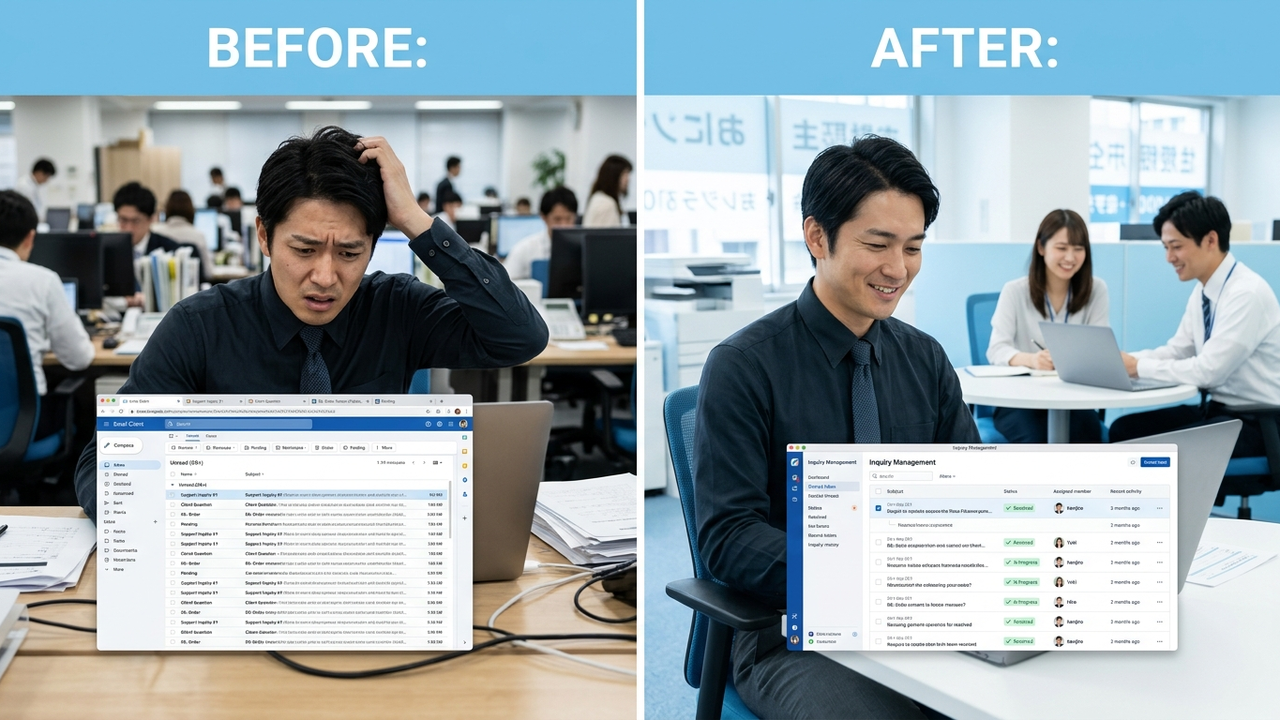 Googleグループの共同トレイで複数人が同じ受信トレイを使って問い合わせ対応を分担している様子