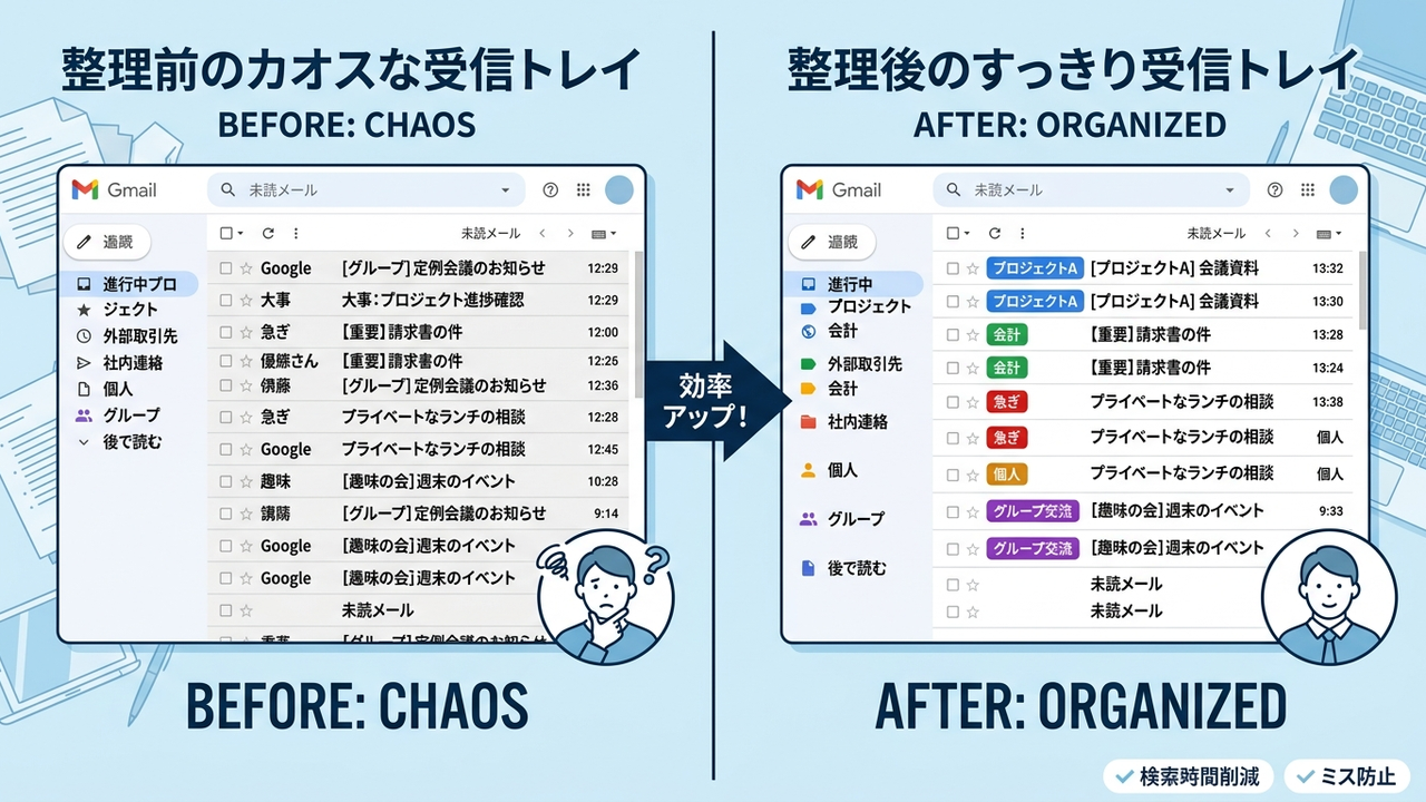 Googleグループのメールが受信トレイで混在している状態から、ラベルとフィルタで整理された状態へ変わるビフォーアフターのイメージ