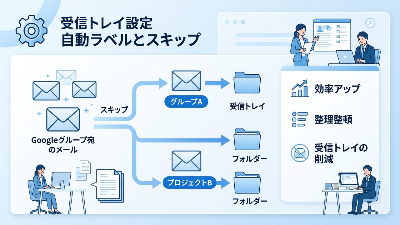 GmailのフィルタとラベルでGoogleグループ宛てのメールを自動振り分けしている設定画面と整理された受信トレイのイメージ