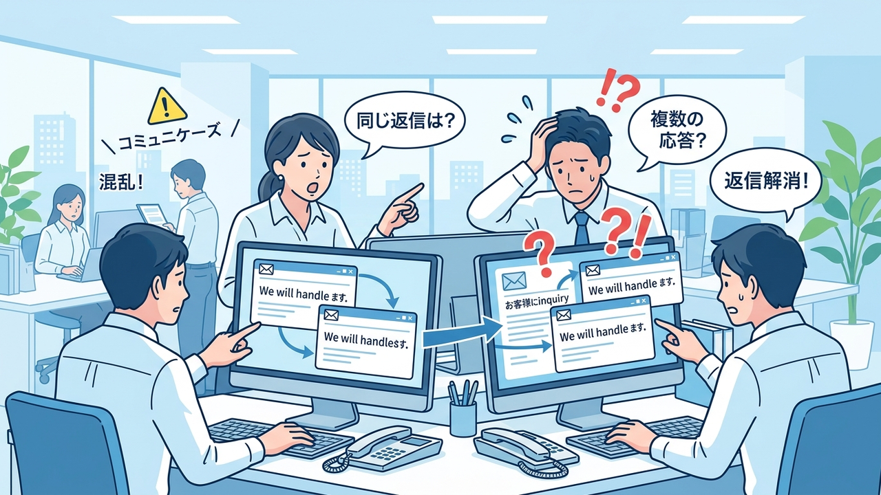 Googleグループのメールに誰かが返信したのに他のメンバーが気づかず二重返信が起きてしまう問題を示すビジネスシーン