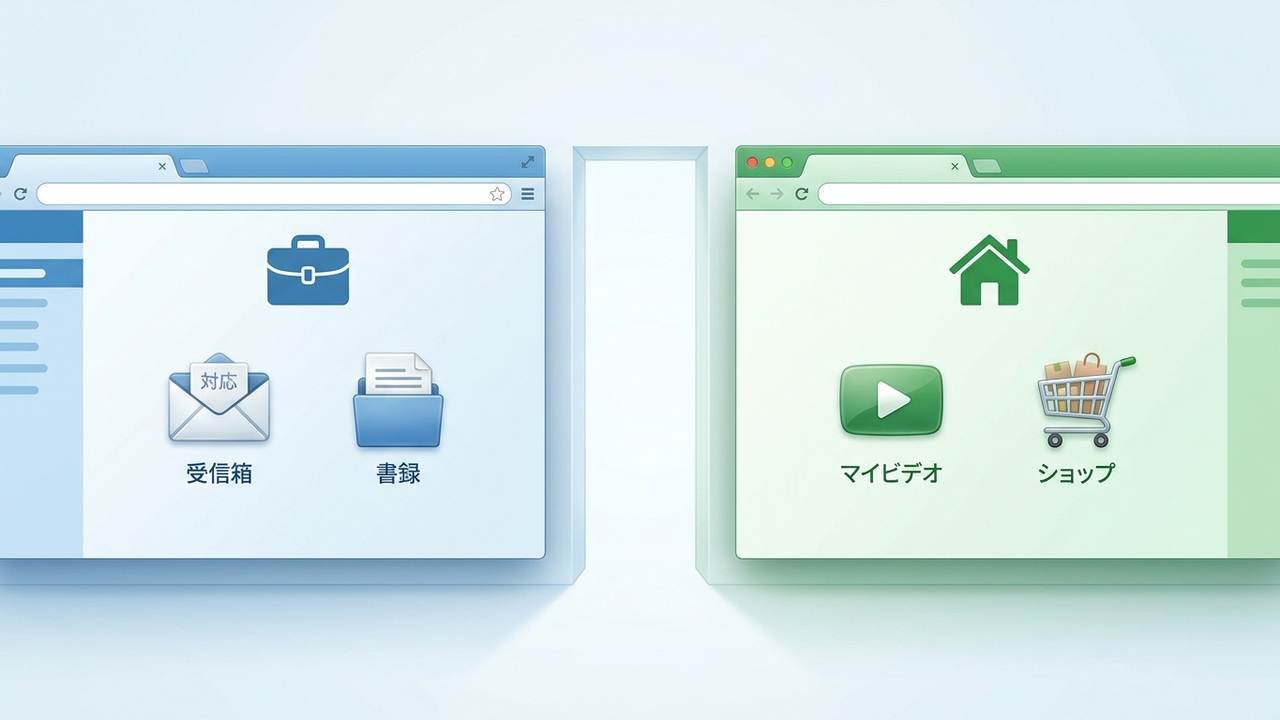 Chromeプロファイルの概念図。仕事用とプライベート用の2つの部屋が分かれていて、それぞれにアカウント・ブックマーク・履歴が独立して保存されている