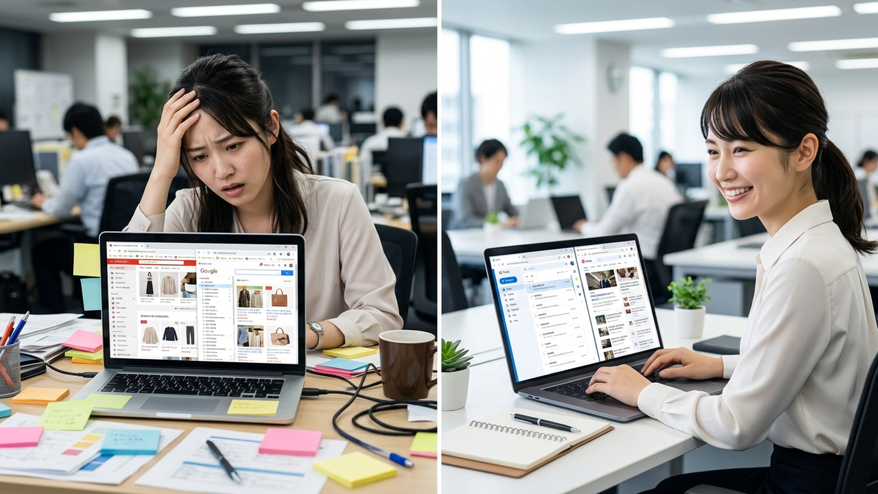 会社のGoogle Workspaceアカウントの初期設定を終えて、仕事用Chromeプロファイルで快適に業務を始めている様子