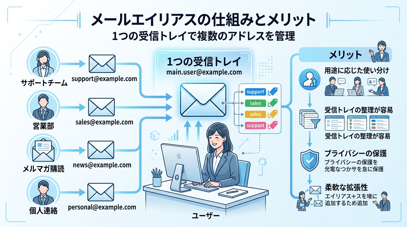 エイリアスのイメージ：複数の別名アドレスが1人のユーザーの同じ受信トレイに届く別名転送の仕組み