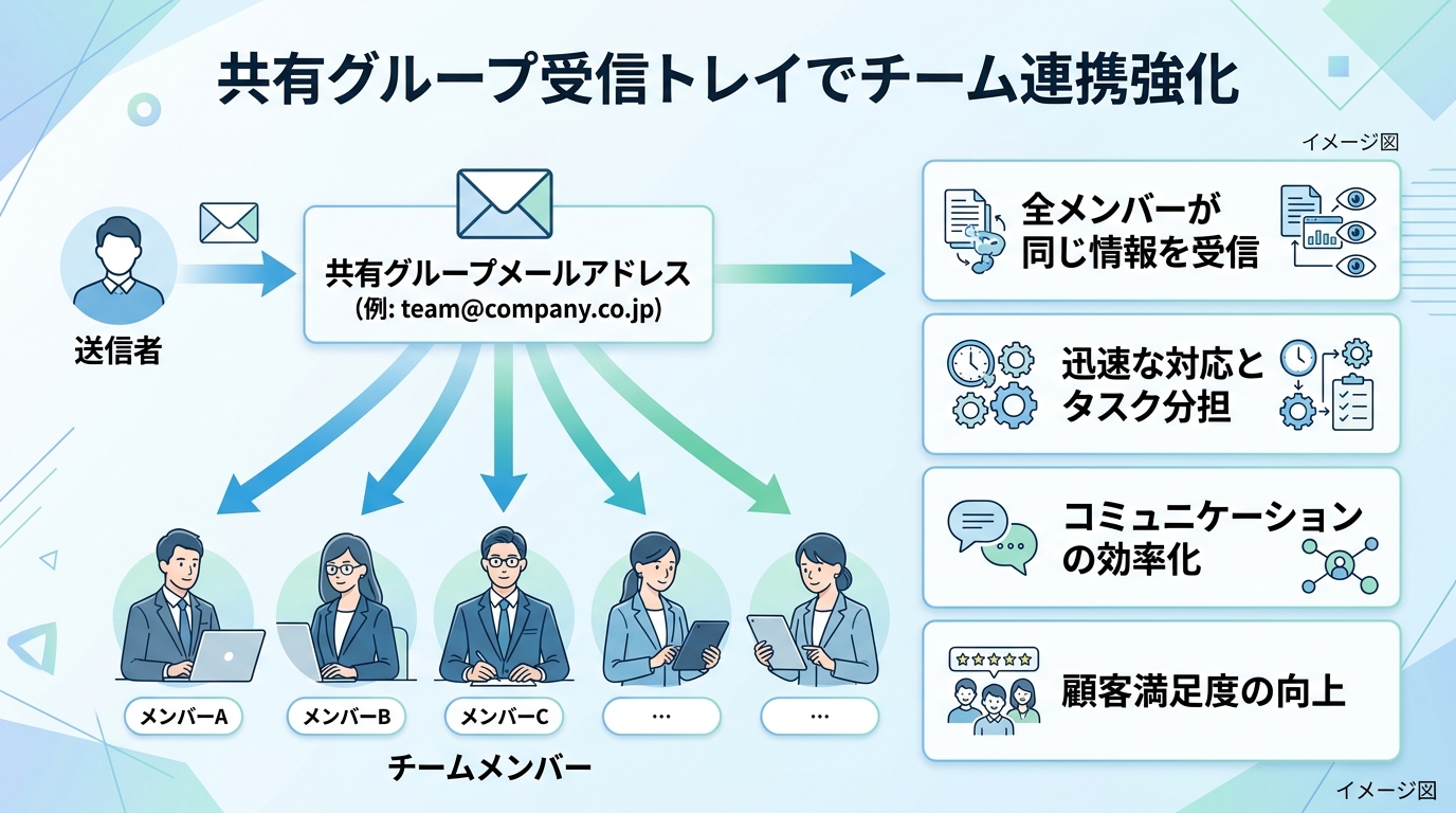 Googleグループのイメージ：1つのメールアドレスに届いたメールが複数のメンバー全員に転送される共有受信トレイ