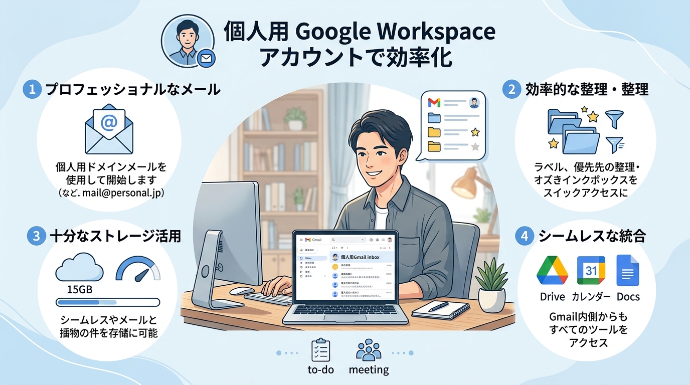 ユーザーアカウントのイメージ：1人の社員が専用のGmailアカウントを持ち個人受信トレイで使う