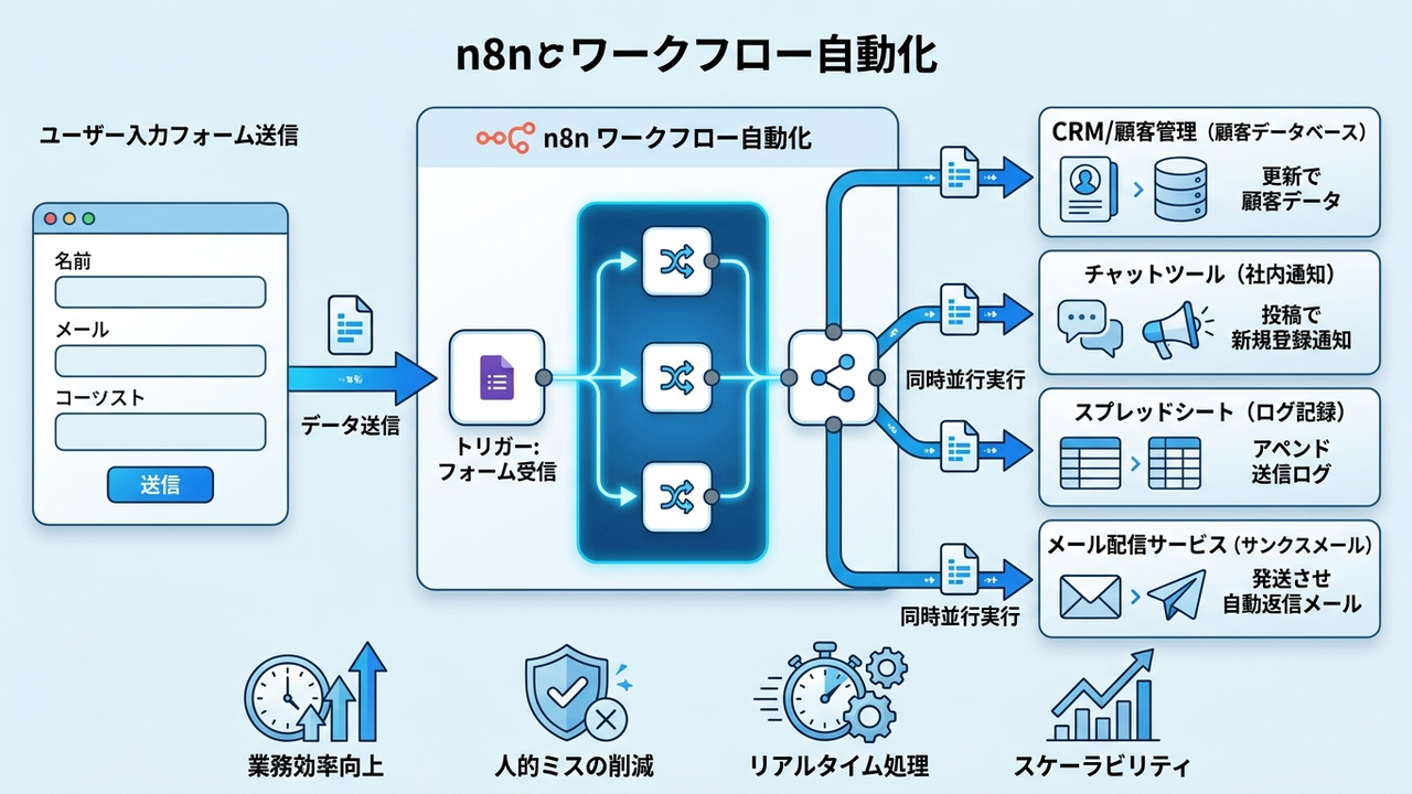 Google WorkspaceとN8nを組み合わせた自動化フローの図解：フォーム送信から複数サービスへのデータ連携を示す