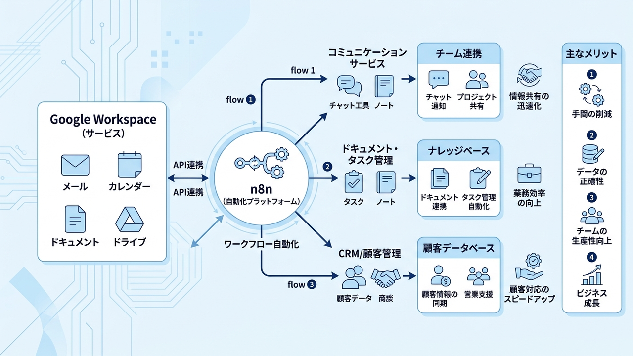 Google WorkspaceとN8nを組み合わせたワークフロー自動化のイメージ図