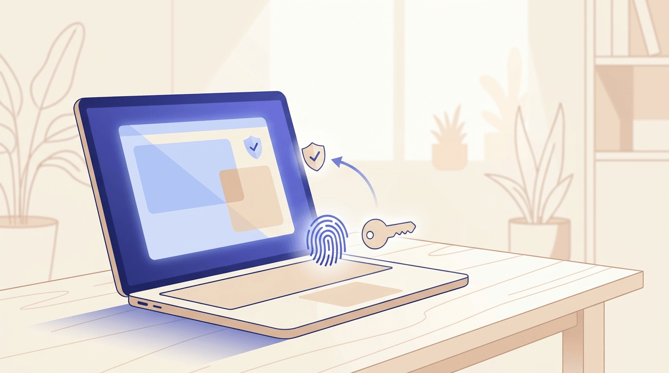 パソコンの指紋認証や顔認証でGoogle Workspaceにログインするパスキーのイメージ