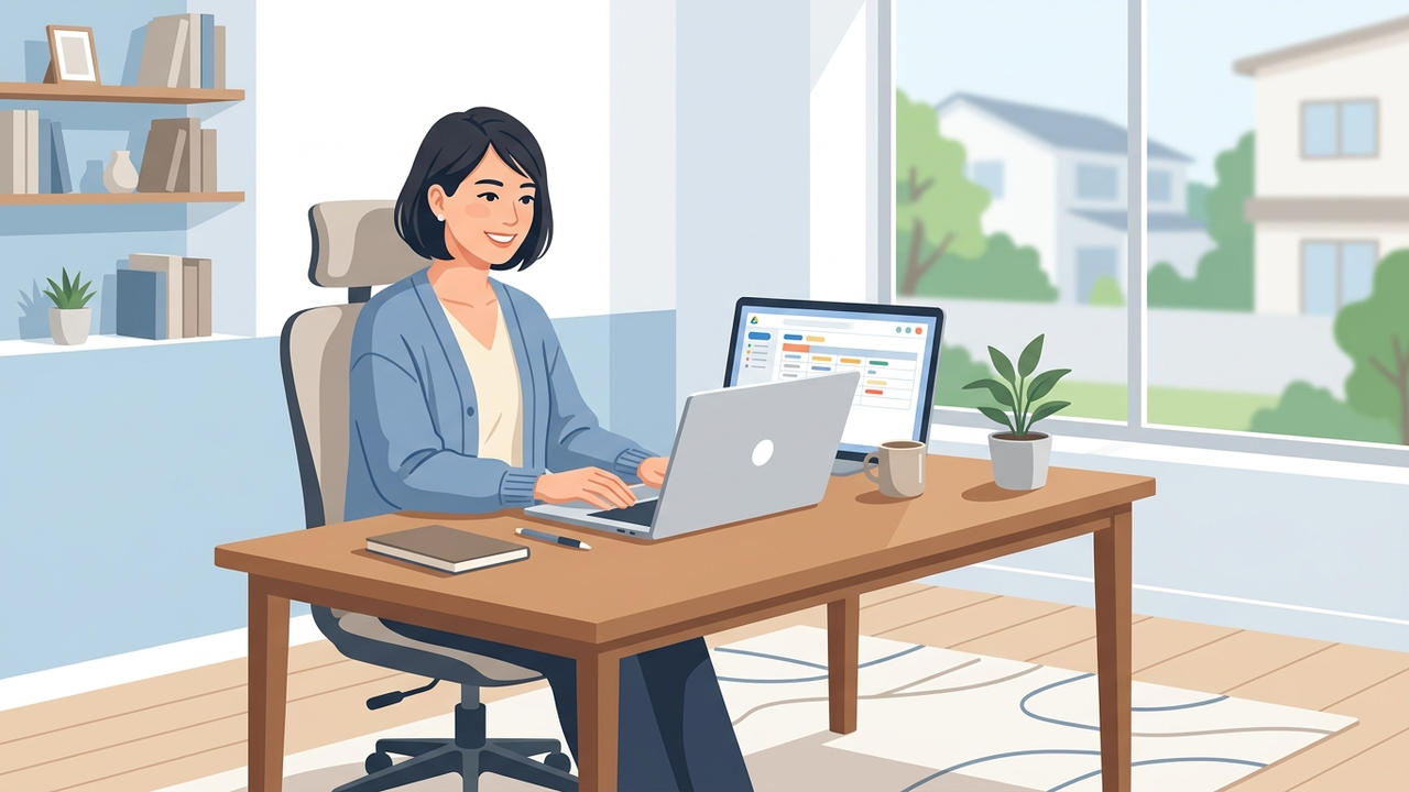 パソコンの前で笑顔で業務をこなす個人事業主が、Google Workspaceで効率化している様子