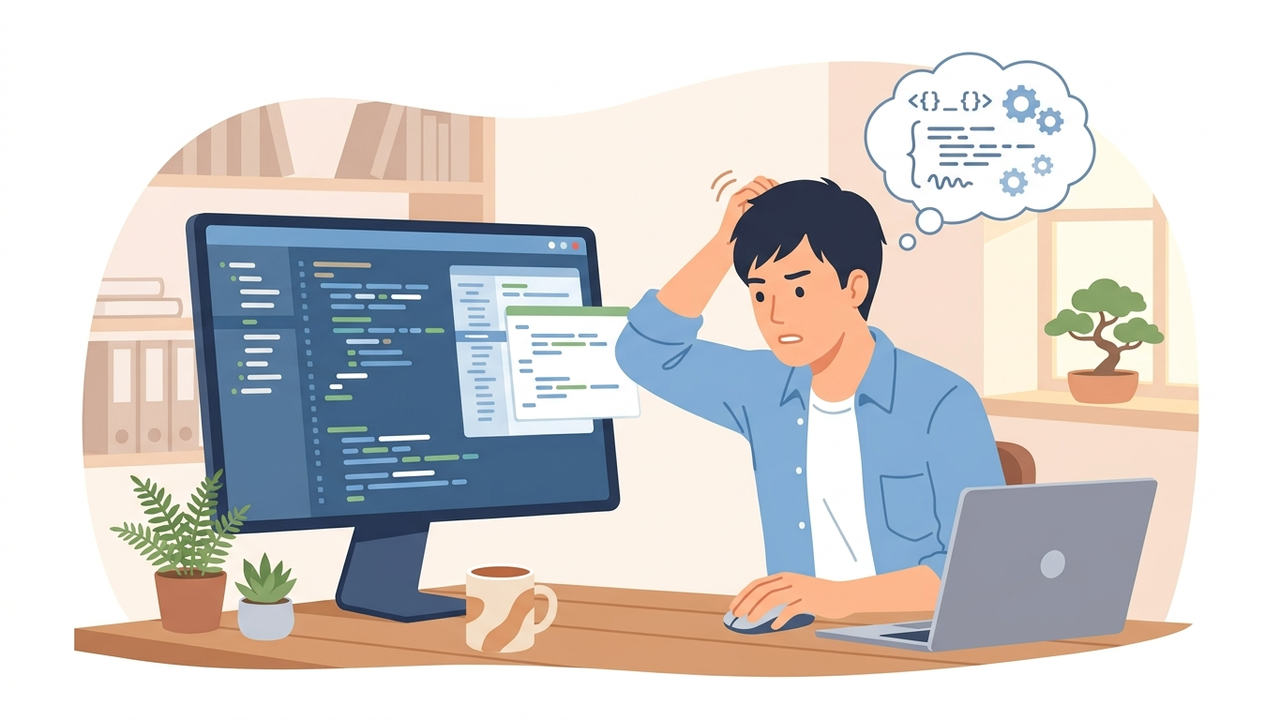 複雑な設定画面を見て途方に暮れている個人事業主の様子