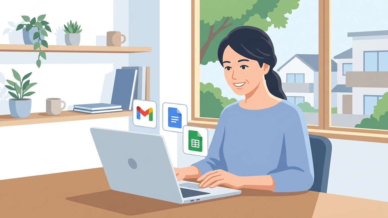 スムーズに設定されたGoogle Workspaceを使って快適に仕事をする個人事業主の様子