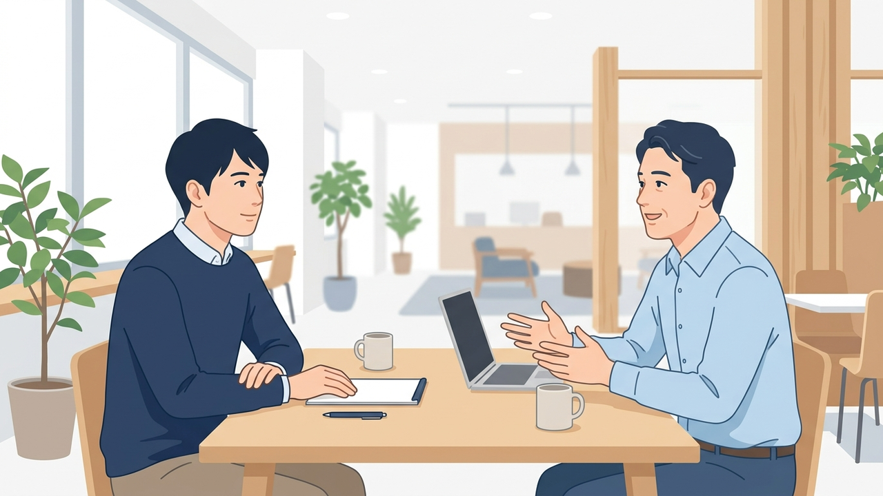 現役エンジニアが個人事業主のITに関する相談に乗っている様子