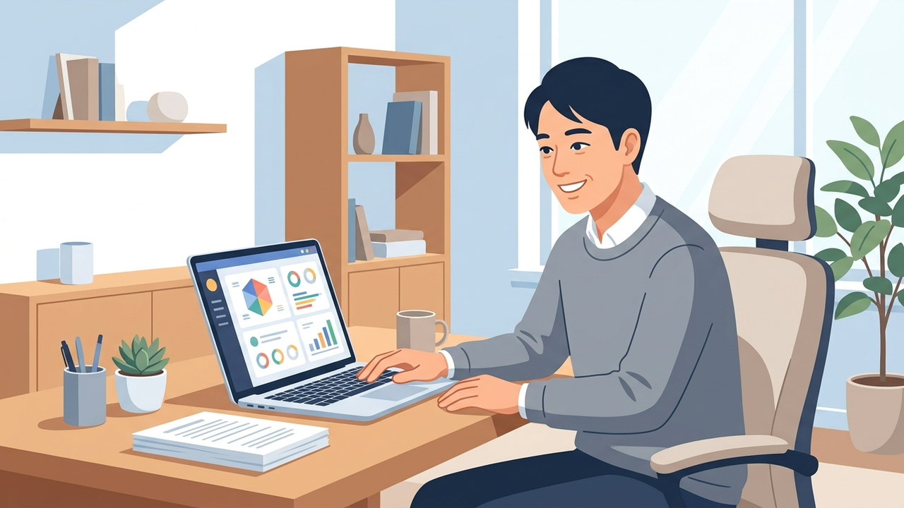 Google Workspaceを導入して効率的に仕事を進める個人事業主が笑顔でパソコンを操作している様子