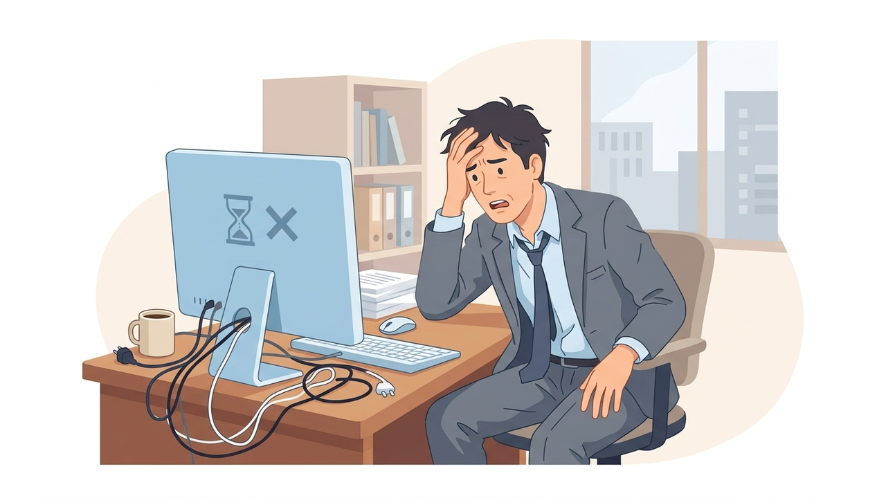 散らかったケーブルやフリーズしたPCを見て困り顔の日本人ビジネスパーソン