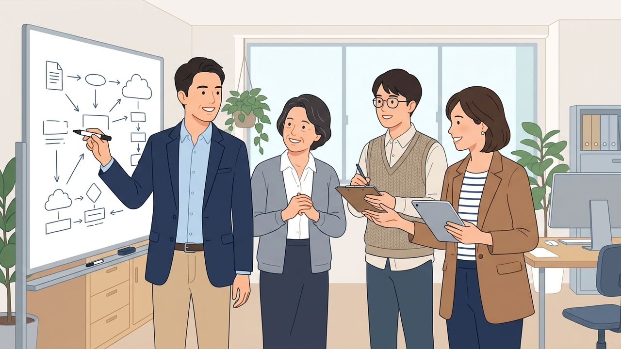 ホワイトボードを囲んで、IT担当者と中小企業の経営者がIT戦略について話している様子