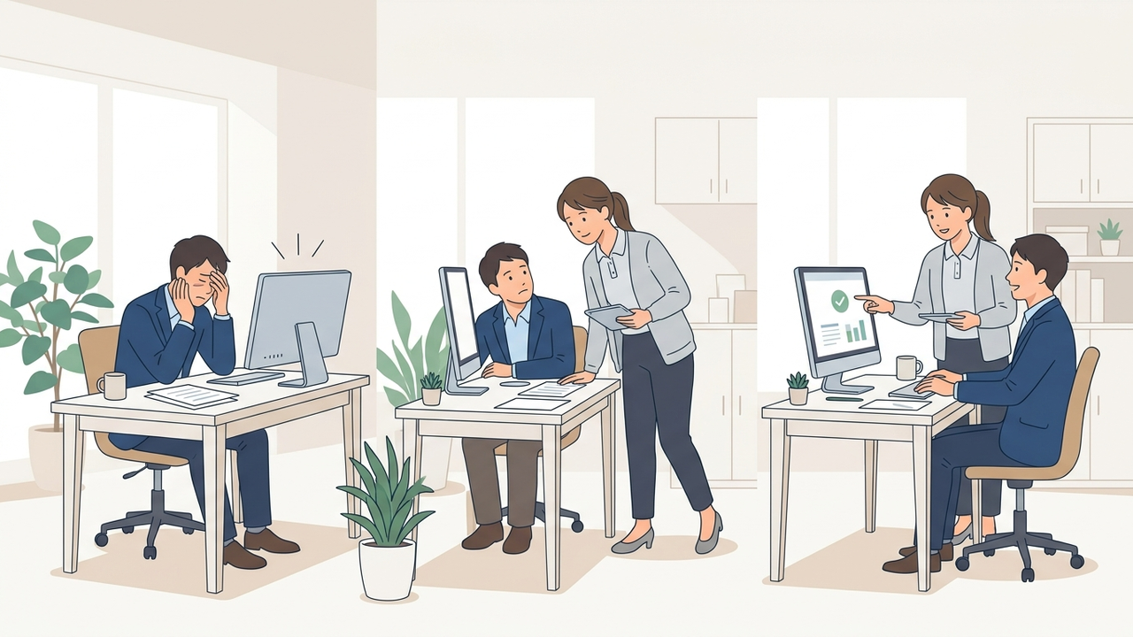中小企業のオフィスで、PCトラブルに困っていた社員がITサポート担当と話して安心している様子