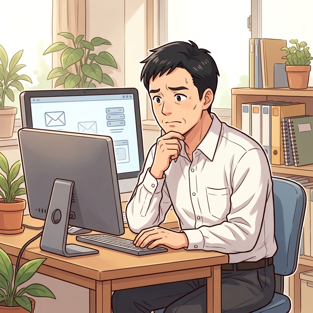 事務所でPCの画面（メールサーバー・移行の文字）を見て困り顔を浮かべる、40代後半・短髪・ワイシャツ姿の経営者タカハシさん