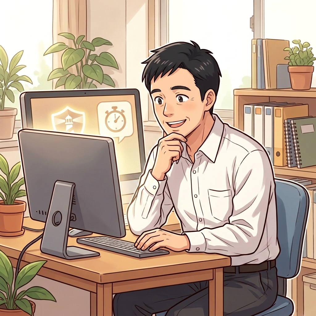 スマホやPCでengladly（ITの駆け込み寺・30秒の無料診断）を見つけ、ぱっと表情が明るくなるタカハシさん