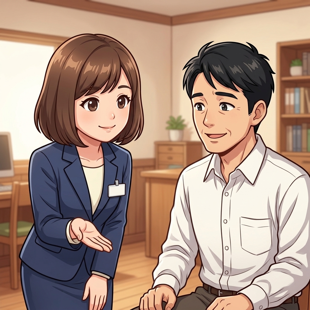 紺ブレザーに名札の落ち着いたengladlyコンシェルジュが優しく説明し、安心した表情になるタカハシさん