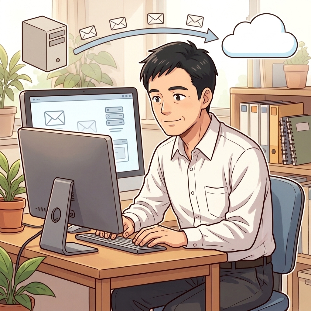 メールが旧サーバーから新しい環境へスッと移っていく図。裏で移行が進むなか、タカハシさんは普段どおり仕事をしている