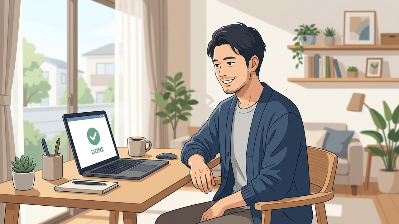 Microsoft365の導入設定が完了し、PCの前で笑顔で仕事をする個人事業主
