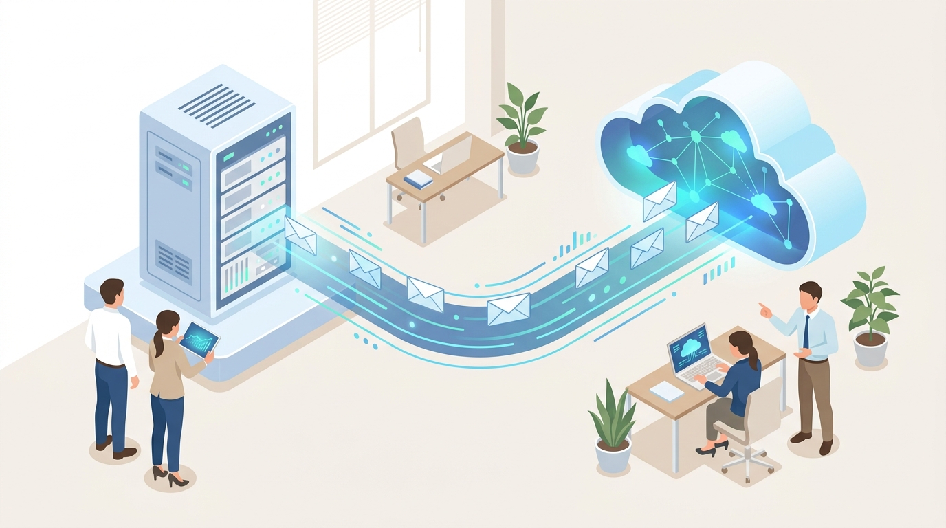 レンタルサーバーの独自ドメインメールをGoogle Workspaceへ移行するイメージ。サーバーからクラウドへメールが移っていく様子