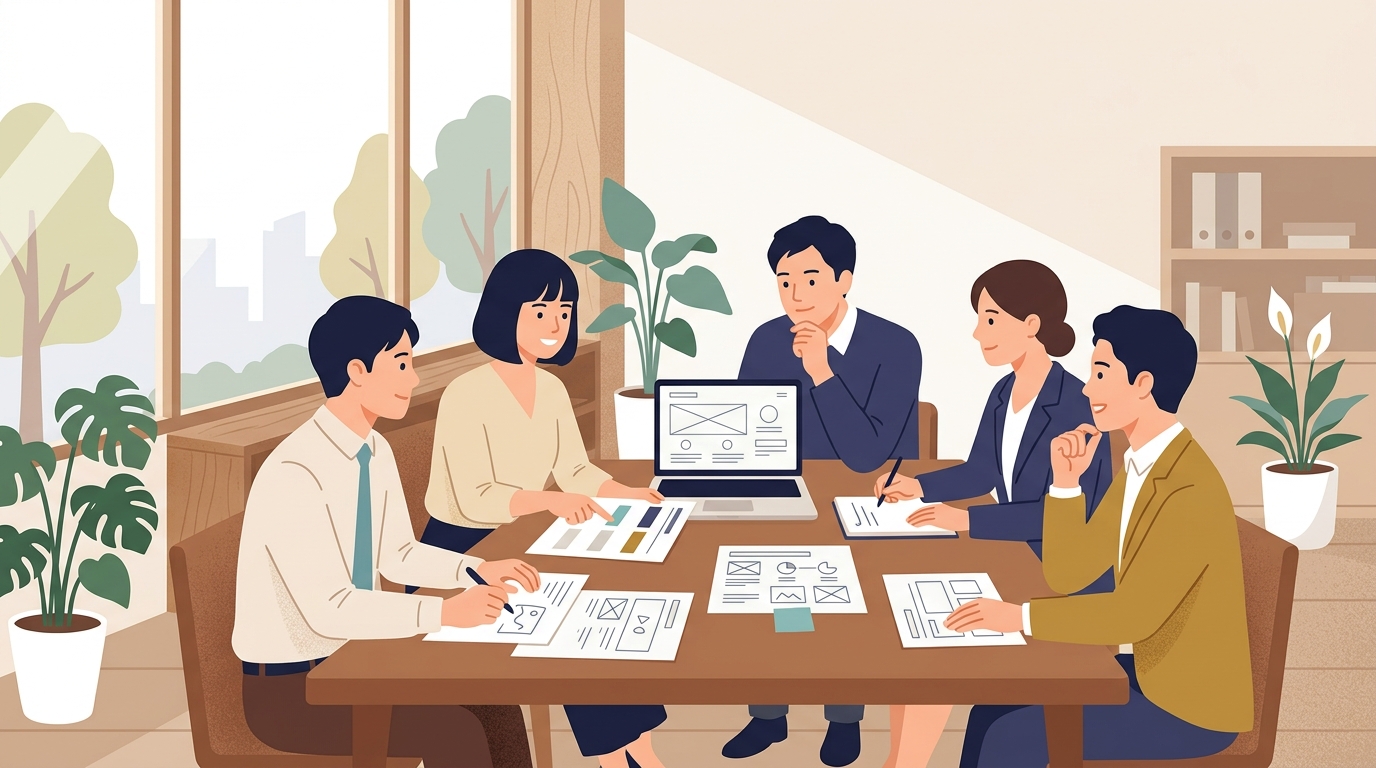 テーブルを囲んで、ホームページの依頼先について資料を見ながら打ち合わせをしている日本人ビジネスパーソンたち